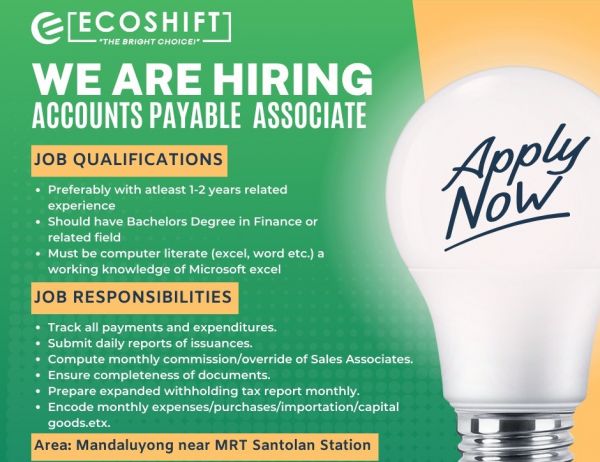 Jobtalk - Accounts Payable Associate vacancy in Mandaluyong! Hiring by Ecoshift Corporation
