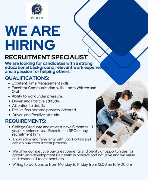 Jobtalk - Recruitment Specialist vacancy in Makati! Hiring by Pelicen Inc.