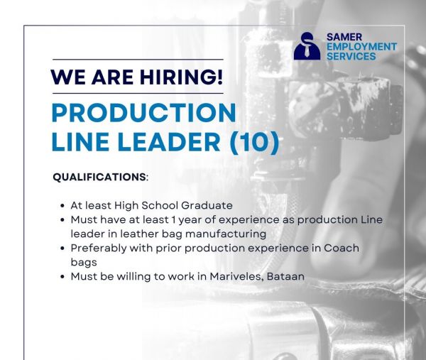 Jobtalk - Line Leader vacancy in Mariveles! Hiring by Samer Global Manpower Services Inc.