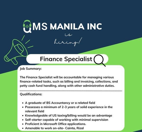 Jobtalk - Finance Specialist vacancy in Cainta! Hiring by QMS Manila Inc.