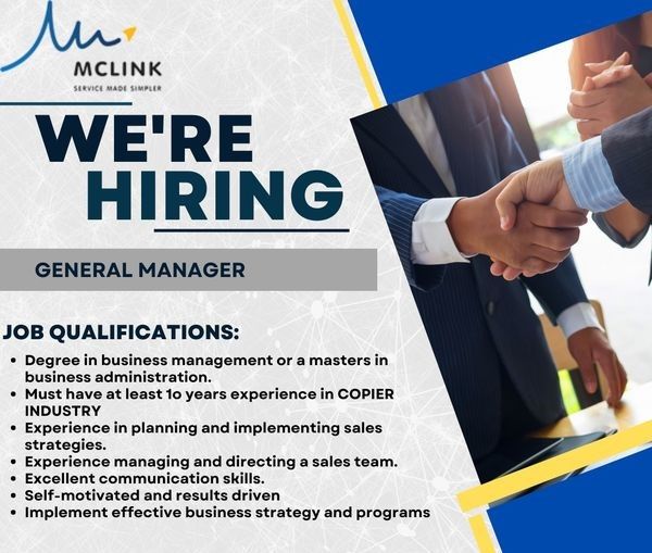 Jobtalk - General Manager vacancy in Pasig! Hiring by Mclink Copy Services Phil Inc.