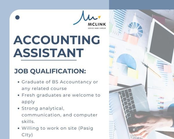 Jobtalk - Accounting Assistant vacancy in Pasig! Hiring by Mclink Copy Services Phil Inc.