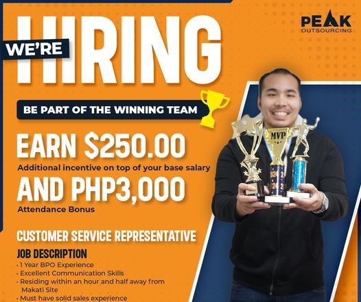 Jobtalk - Customer Service Representative vacancy in Makati! Hiring by Peak Outsourcing Inc.
