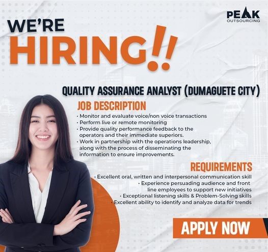 Jobtalk - Quality Assurance Analyst vacancy in Dumaguete City! Hiring by Peak Outsourcing Inc.