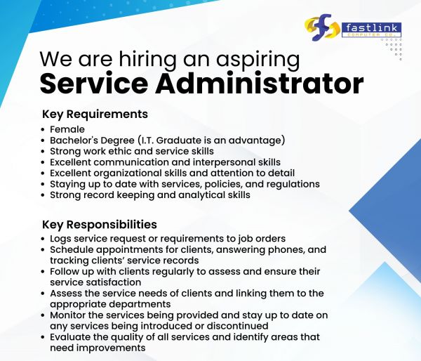 Jobtalk - Service Administrator vacancy in Quezon City! Hiring by Fastlink Computer Co.
