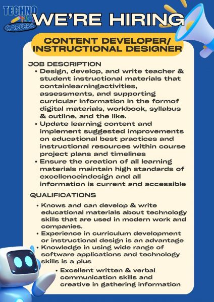 Jobtalk - Instructional Specialist vacancy in Malate! Hiring by TECHNOKids Philippines
