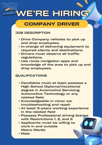 Jobtalk - Company Driver vacancy in Malate! Hiring by TECHNOKids Philippines