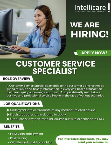 Jobtalk - Customer Service Specialist vacancy in Bonifacio Global City! Hiring by Intellicare