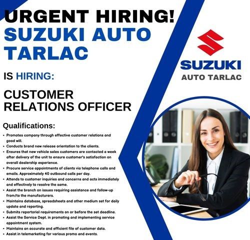 Jobtalk - Customer Relations Officer vacancy in Tarlac City! Hiring by Suzuki Auto - Tarlac