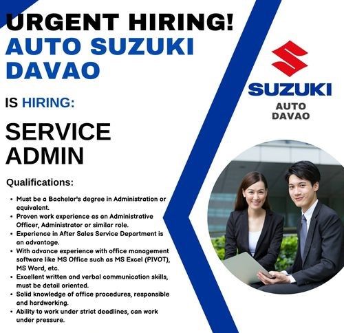 Jobtalk - Service Administrator vacancy in Davao City! Hiring by Suzuki Auto - Davao