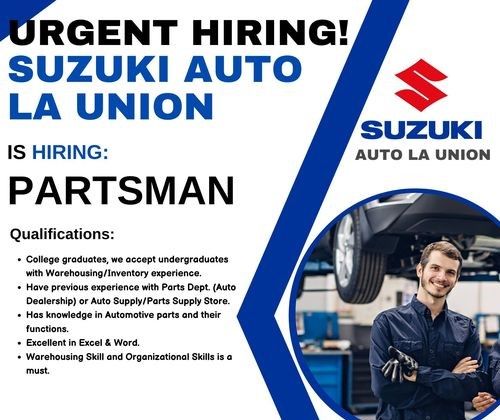 Jobtalk - Parts Custodian vacancy in San Fernando City! Hiring by Suzuki Auto - La Union