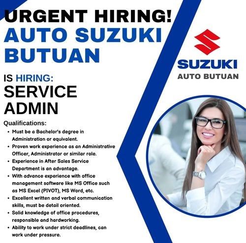 Jobtalk - Service Administrator vacancy in Butuan City! Hiring by Suzuki Auto - Butuan