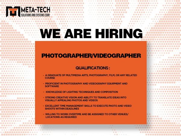 Jobtalk - Videographer vacancy in Quezon City! Hiring by Meta-Tech Solutions and Systems Corp.