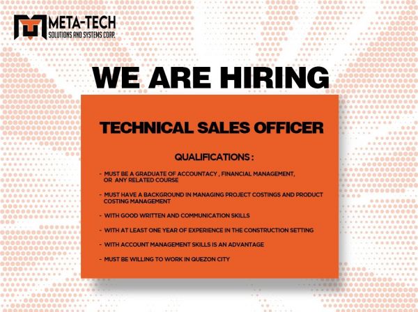 Jobtalk - Technical Sales Officer vacancy in Quezon City! Hiring by Meta-Tech Solutions and Systems Corp.