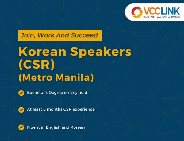 Jobtalk - Customer Service Representative, Korean bilingual vacancy in Makati! Hiring by VCC Link, Inc.