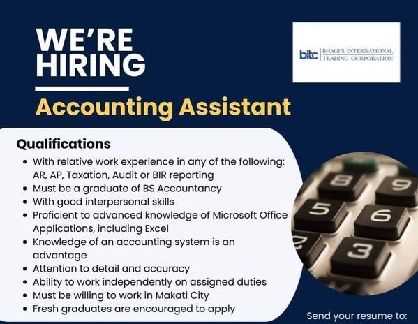 Jobtalk - Accounting Assistant vacancy in Makati! Hiring by Bhagi's International Trading Corp.