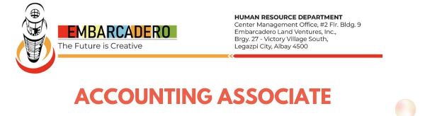 Jobtalk - Accounting Associate vacancy in Legazpi City! Hiring by Embarcadero Land Ventures, Inc.