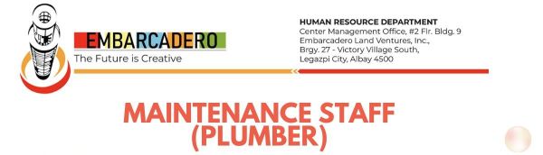 Jobtalk - Plumber vacancy in Legazpi City! Hiring by Embarcadero Land Ventures, Inc.