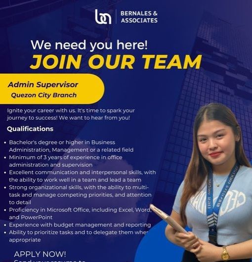 Jobtalk - Admin Supervisor vacancy in Quezon City! Hiring by Bernales & Associates