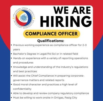 Jobtalk - Compliance Officer vacancy in Pasig! Hiring by Philippine Spark Security Infoplant Corporation