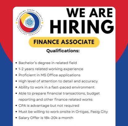 Jobtalk - Finance Associate vacancy in Pasig! Hiring by Philippine Spark Security Infoplant Corporation