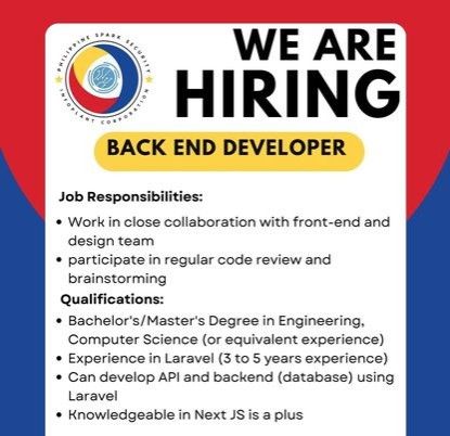 Jobtalk - Back-End Developer vacancy in Pasig! Hiring by Philippine Spark Security Infoplant Corporation