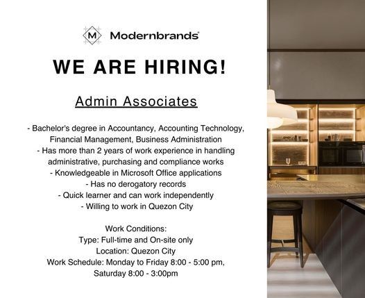Jobtalk - Admin Associate vacancy in Quezon City! Hiring by Modernbrands Inc.