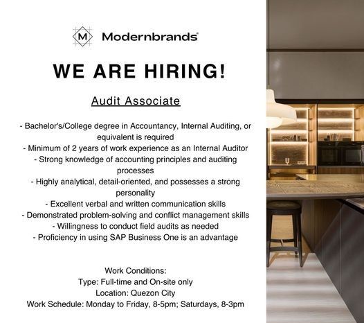 Jobtalk - Audit Associate vacancy in Quezon City! Hiring by Modernbrands Inc.