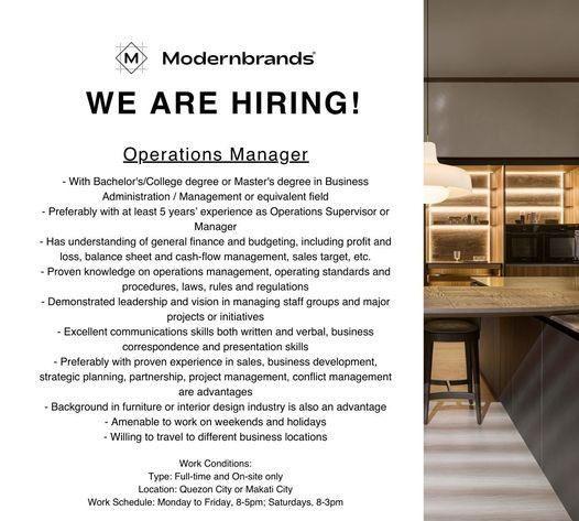 Jobtalk - Operations Manager vacancy in Quezon City! Hiring by Modernbrands Inc.