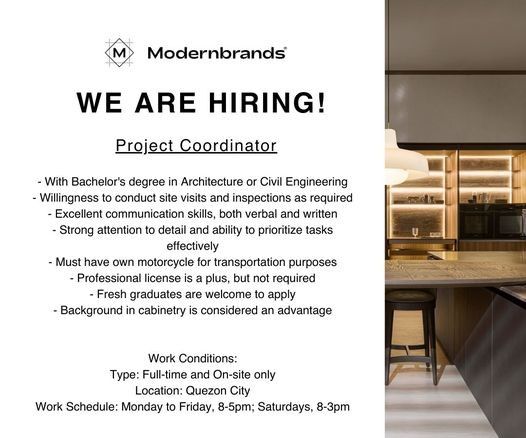 Jobtalk - Project Coordinator vacancy in Quezon City! Hiring by Modernbrands Inc.