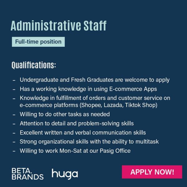 Jobtalk - Admin Staff vacancy in Pasig! Hiring by Betabrands