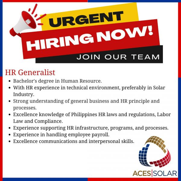 Jobtalk - HR Generalist vacancy in Las Piñas! Hiring by Aces Solar Corp.