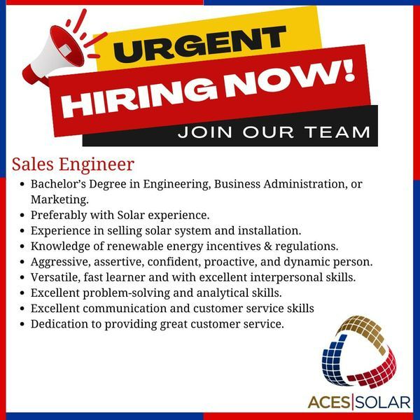 Jobtalk - Sales Engineer vacancy in Las Piñas! Hiring by Aces Solar Corp.