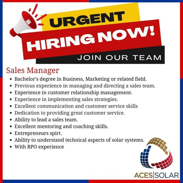 Jobtalk - Sales Manager vacancy in Las Piñas! Hiring by Aces Solar Corp.
