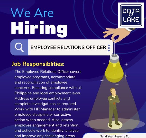 Jobtalk - Employee Relations Officer vacancy in Pasay! Hiring by Data Lake Inc.
