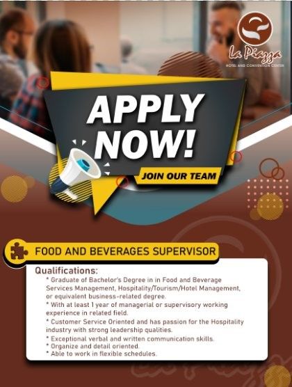 Jobtalk - F&B Supervisor vacancy in Legazpi City! Hiring by La Piazza Hotel & Convention Center
