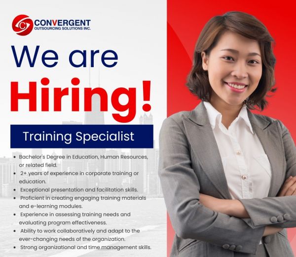 Jobtalk - HR Training Specialist vacancy in Quezon City! Hiring by Convergent Outsourcing Solutions Inc.