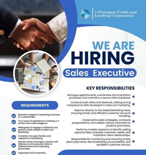 Jobtalk - Sales Executive vacancy in Malate! Hiring by 1-Pentagon Credit and Lending Corporation