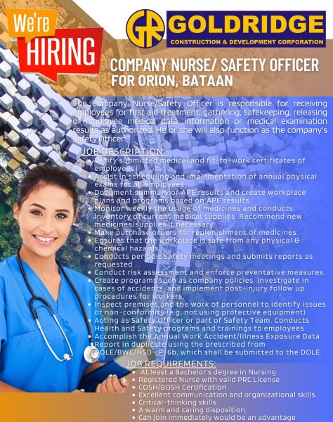 Jobtalk - Company Nurse vacancy in Orion! Hiring by Goldridge Construction & Development Corporation