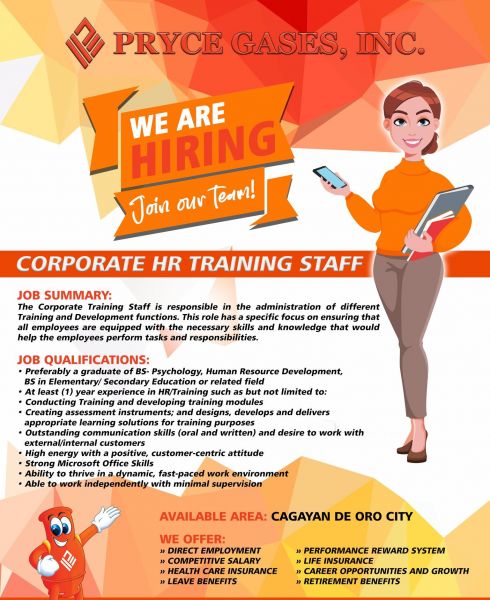 Jobtalk - HR Training Assistant vacancy in Cagayan De Oro City! Hiring by Pryce Gases Inc CDO