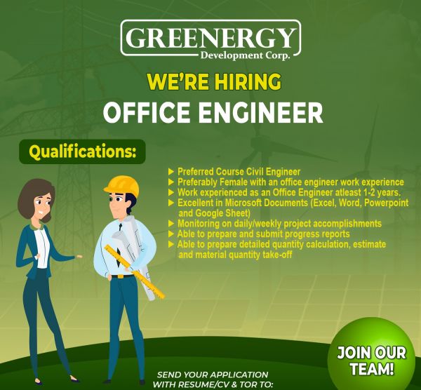 Jobtalk - Office Engineer vacancy in Cagayan De Oro City! Hiring by GREENERGY Development Corporation