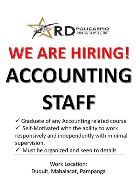 Jobtalk - Accounting Staff vacancy in Mabalacat City! Hiring by RD Policarpio Hauling Services, Inc.