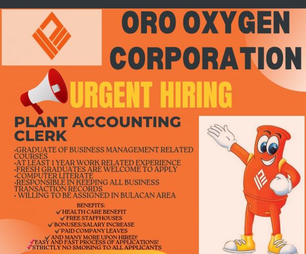 Jobtalk - Accounting Clerk vacancy in Malolos City! Hiring by Oro Oxygen Corporation