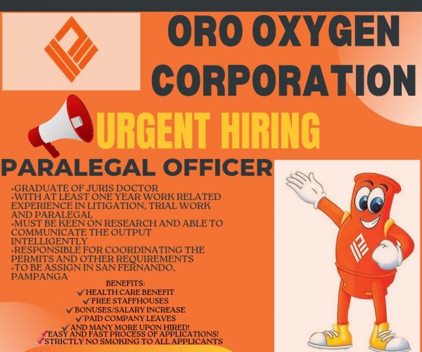Jobtalk - Paralegal vacancy in San Fernando City! Hiring by Oro Oxygen Corporation