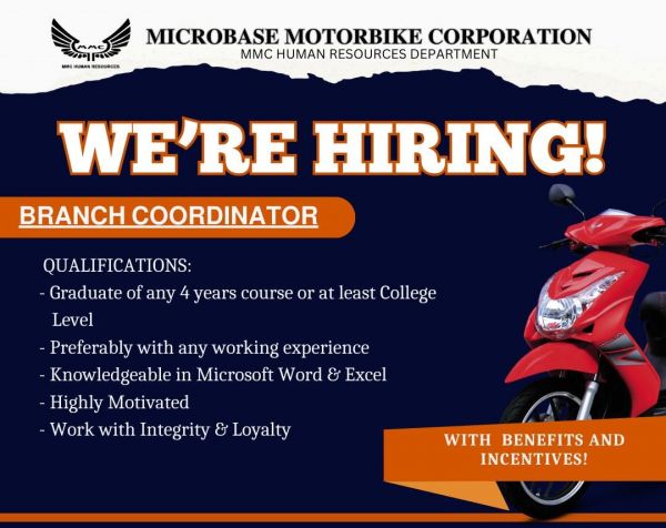 Jobtalk - Branch Coordinator vacancy in Bayambang! Hiring by Microbase Motorbike Corporation