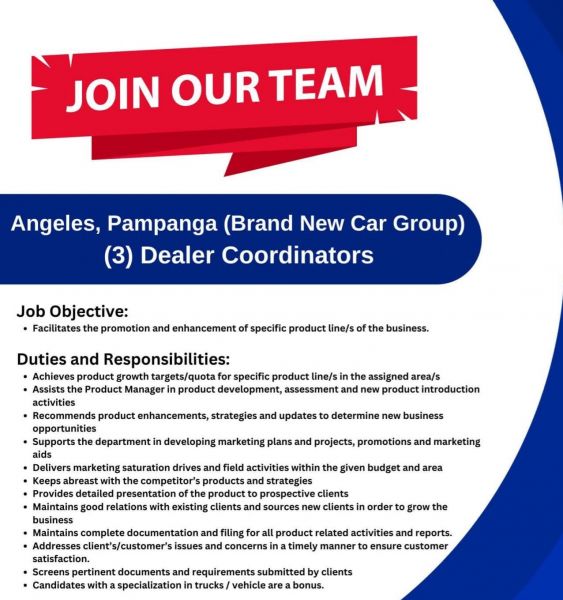 Jobtalk - Dealer Coordinator vacancy in Angeles City! Hiring by Asialink Finance Corporation