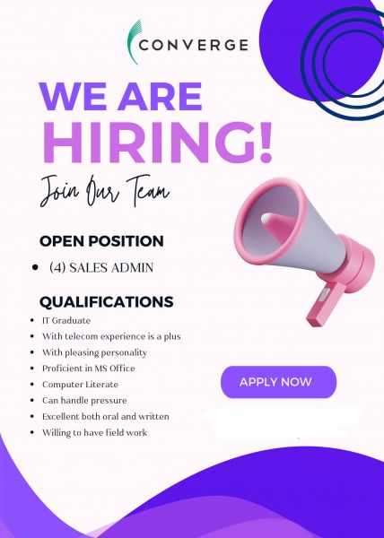 Jobtalk - Sales Admin Officer vacancy in Cagayan De Oro City! Hiring by Converge ICT Solutions Inc.