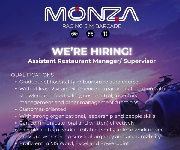 Jobtalk - Assistant Restaurant Manager vacancy in Pasig! Hiring by Monza Barcade