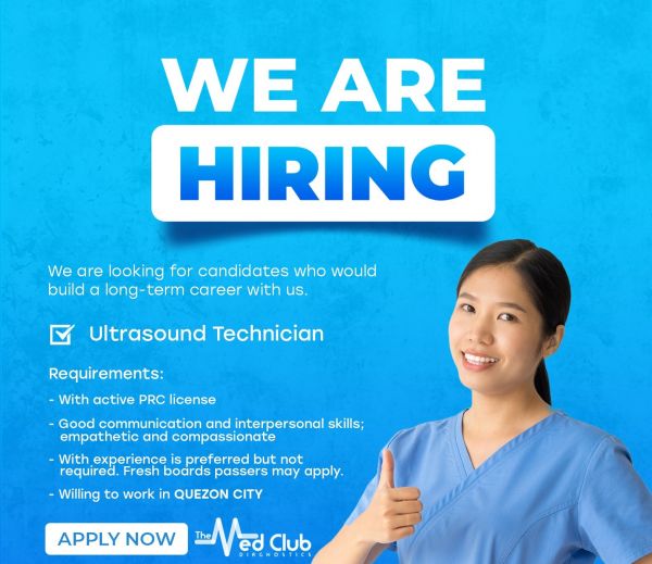 Jobtalk - Ultrasound Technologist vacancy in Quezon City! Hiring by The Med Club Diagnostics