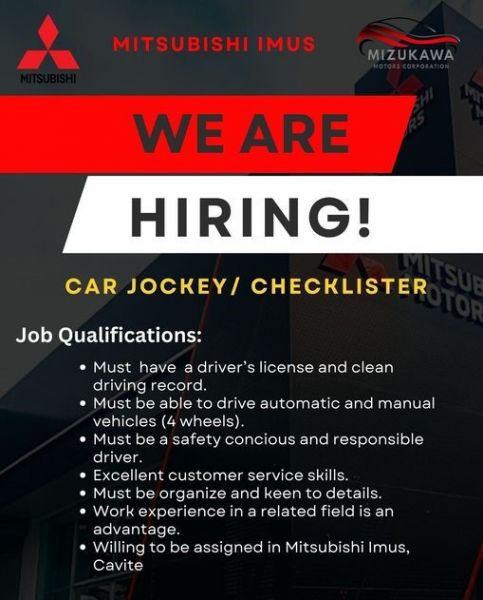 Jobtalk - Car Jockey vacancy in Imus City! Hiring by Mizukawa Motors Corporation